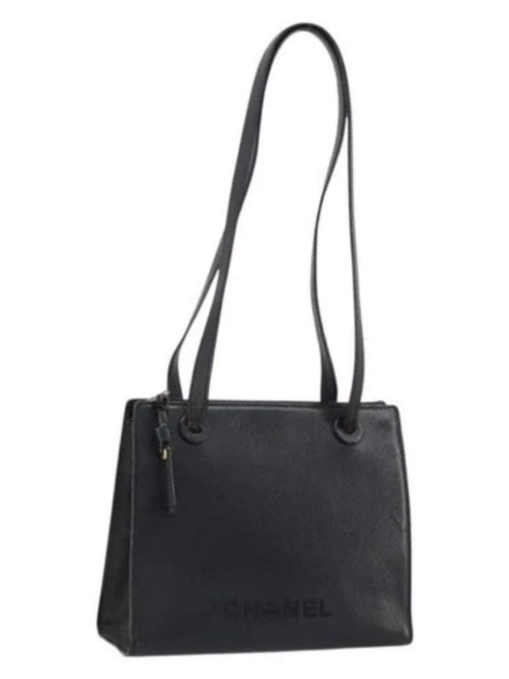 CHANEL Tote Bag Grained Calf Skin Black Gold CC Auth 178022